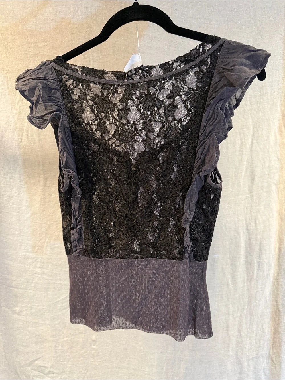 Free People Black Lace Ruffle Mixed-Media Top size 4